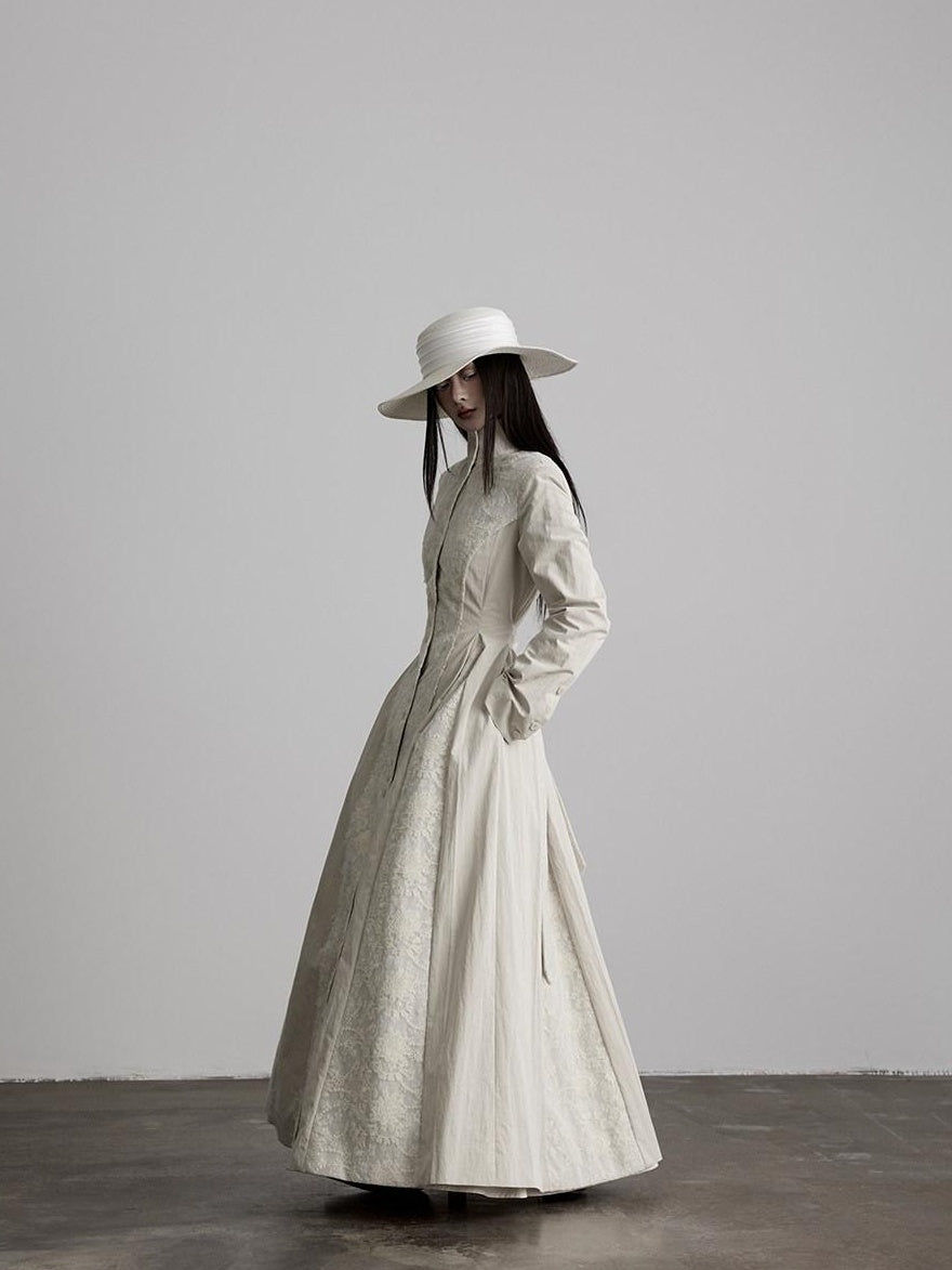 INDULGE Lace Court Style Fitted Waist Long Stand Collar Women Light Oatmeal Trench Coats
