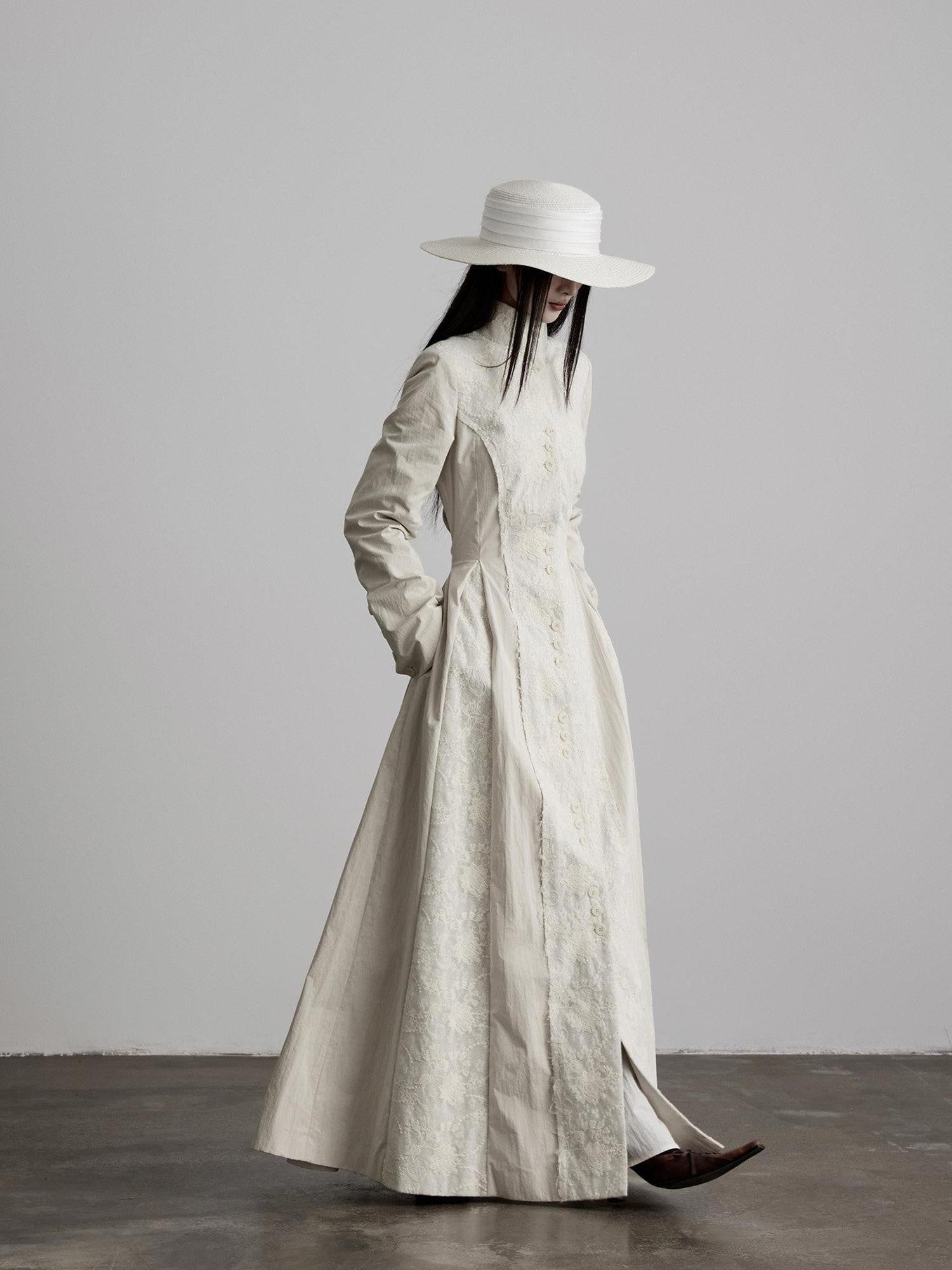 INDULGE Lace Court Style Fitted Waist Long Stand Collar Women Light Oatmeal Trench Coats