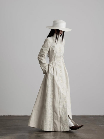 INDULGE Lace Court Style Fitted Waist Long Stand Collar Women Light Oatmeal Trench Coats