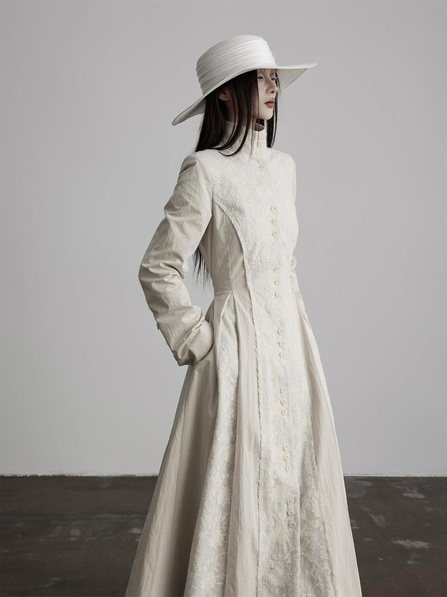 INDULGE Lace Court Style Fitted Waist Long Stand Collar Women Light Oatmeal Trench Coats