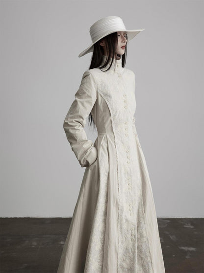 INDULGE Lace Court Style Fitted Waist Long Stand Collar Women Light Oatmeal Trench Coats