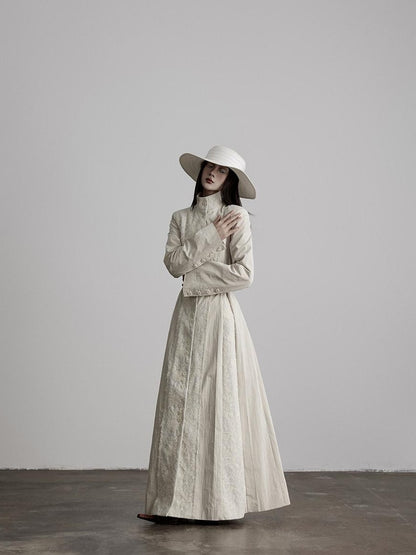 INDULGE Lace Court Style Fitted Waist Long Stand Collar Women Light Oatmeal Trench Coats