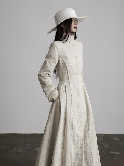 INDULGE Lace Court Style Fitted Waist Long Stand Collar Women Light Oatmeal Trench Coats