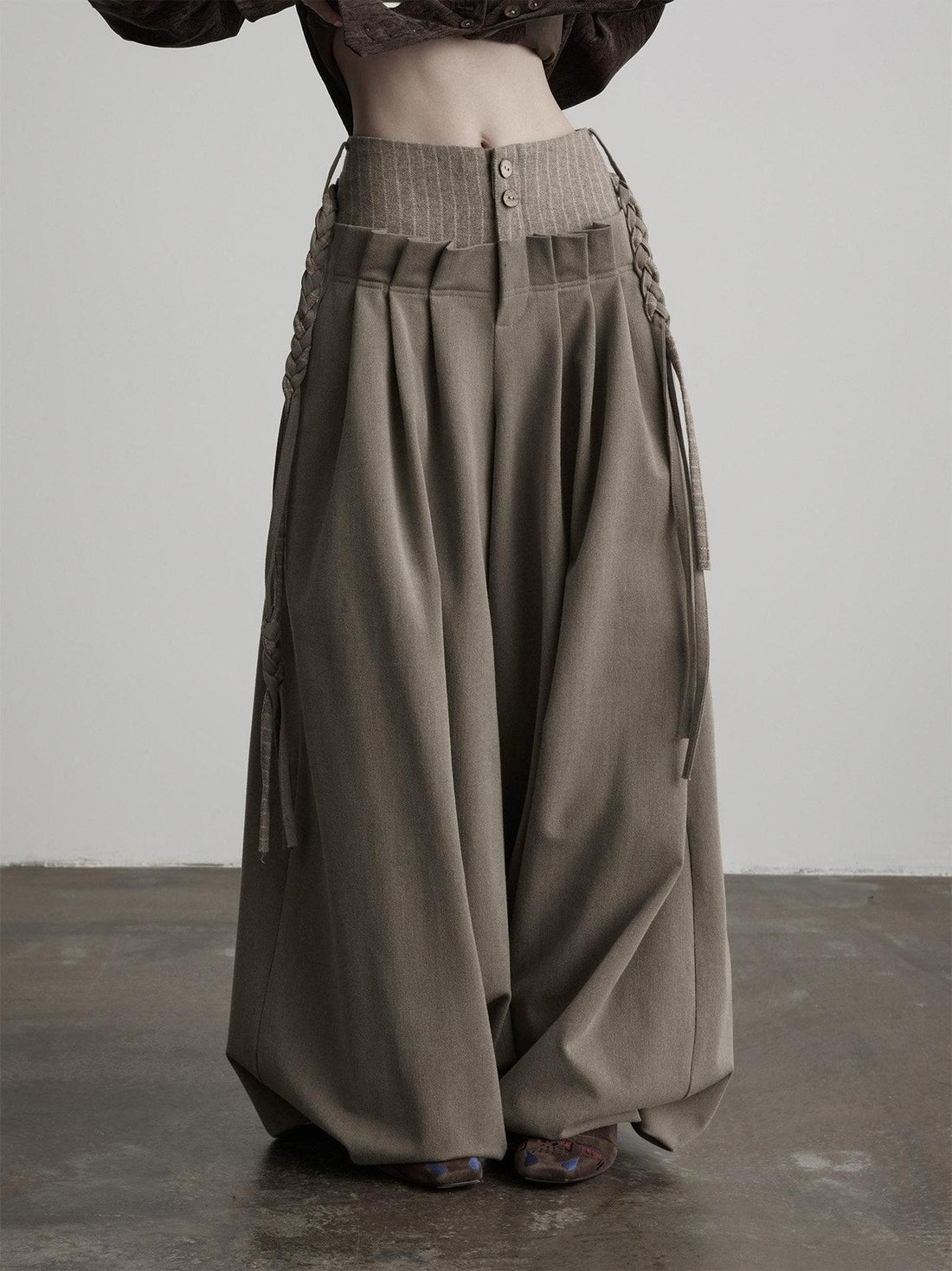 INDULGE Light Camel Patchwork Natural Waist Zipper Fly Casual Women Wide-Leg Pants