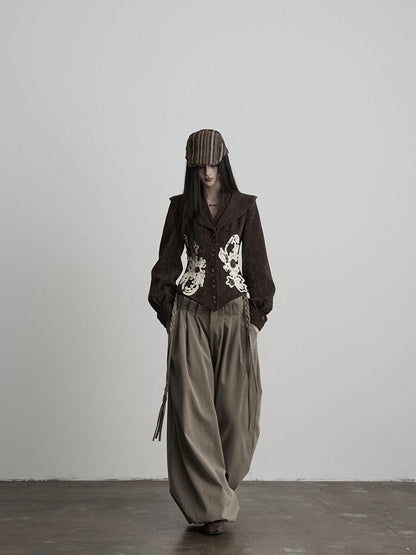 INDULGE Light Camel Patchwork Natural Waist Zipper Fly Casual Women Wide-Leg Pants