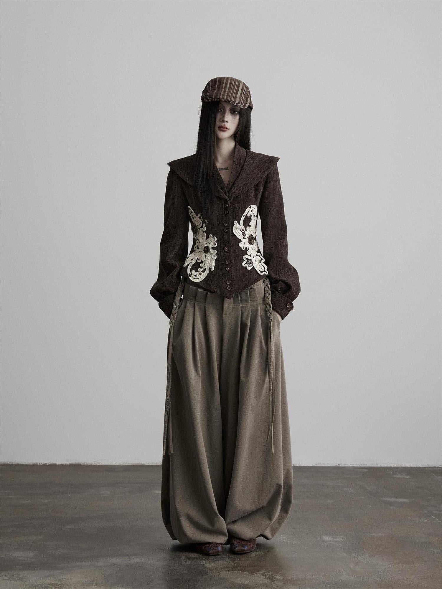 INDULGE Light Camel Patchwork Natural Waist Zipper Fly Casual Women Wide-Leg Pants