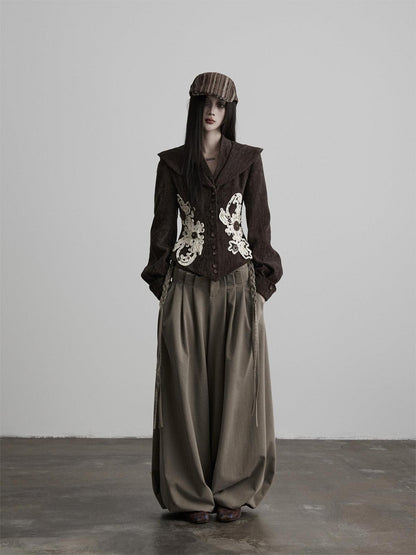 INDULGE Light Camel Patchwork Natural Waist Zipper Fly Casual Women Wide-Leg Pants