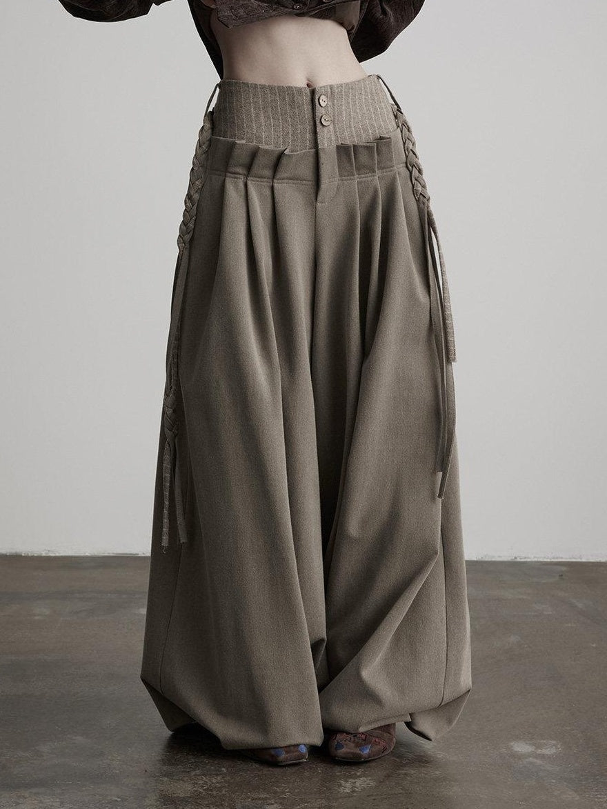 INDULGE Light Camel Patchwork Natural Waist Zipper Fly Casual Women Wide-Leg Pants