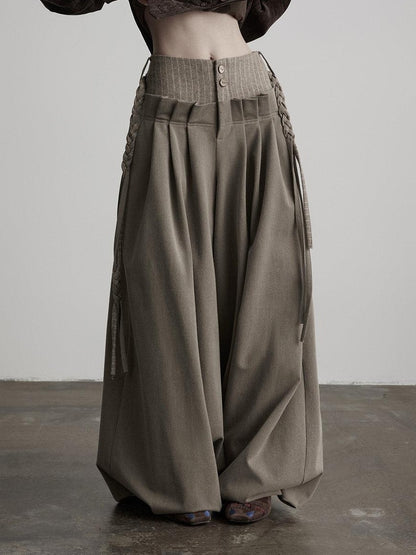 INDULGE Light Camel Patchwork Natural Waist Zipper Fly Casual Women Wide-Leg Pants