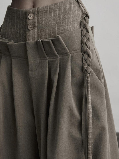 INDULGE Light Camel Patchwork Natural Waist Zipper Fly Casual Women Wide-Leg Pants