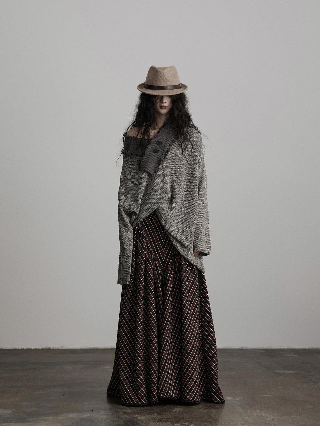 INDULGE Light Gray Oversized Knit Polo Collar Pullover Women Off-Shoulder Sweaters