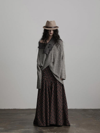 INDULGE Light Gray Oversized Knit Polo Collar Pullover Women Off-Shoulder Sweaters