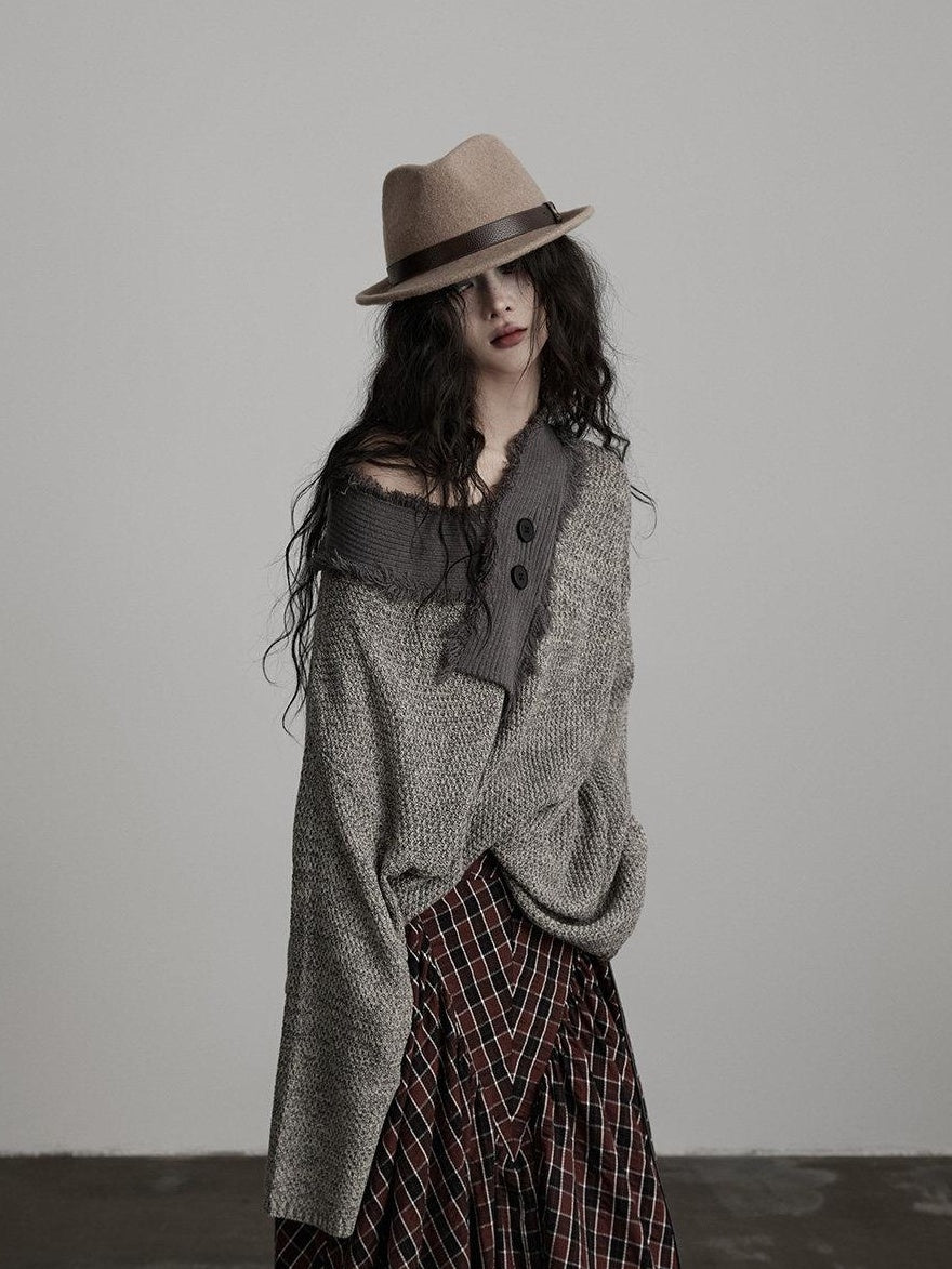 INDULGE Light Gray Oversized Knit Polo Collar Pullover Women Off-Shoulder Sweaters