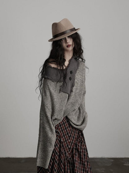 INDULGE Light Gray Oversized Knit Polo Collar Pullover Women Off-Shoulder Sweaters