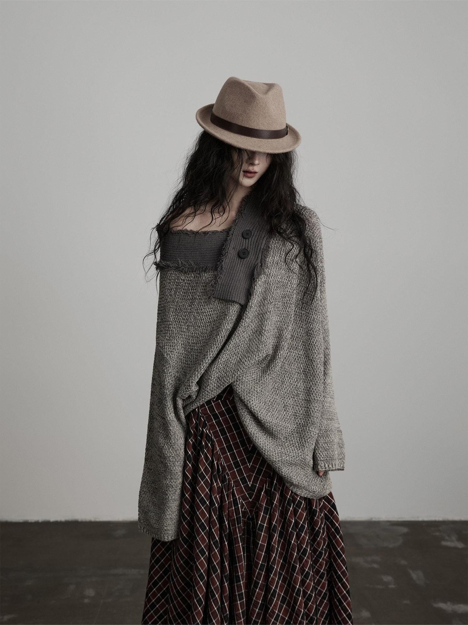 INDULGE Light Gray Oversized Knit Polo Collar Pullover Women Off-Shoulder Sweaters