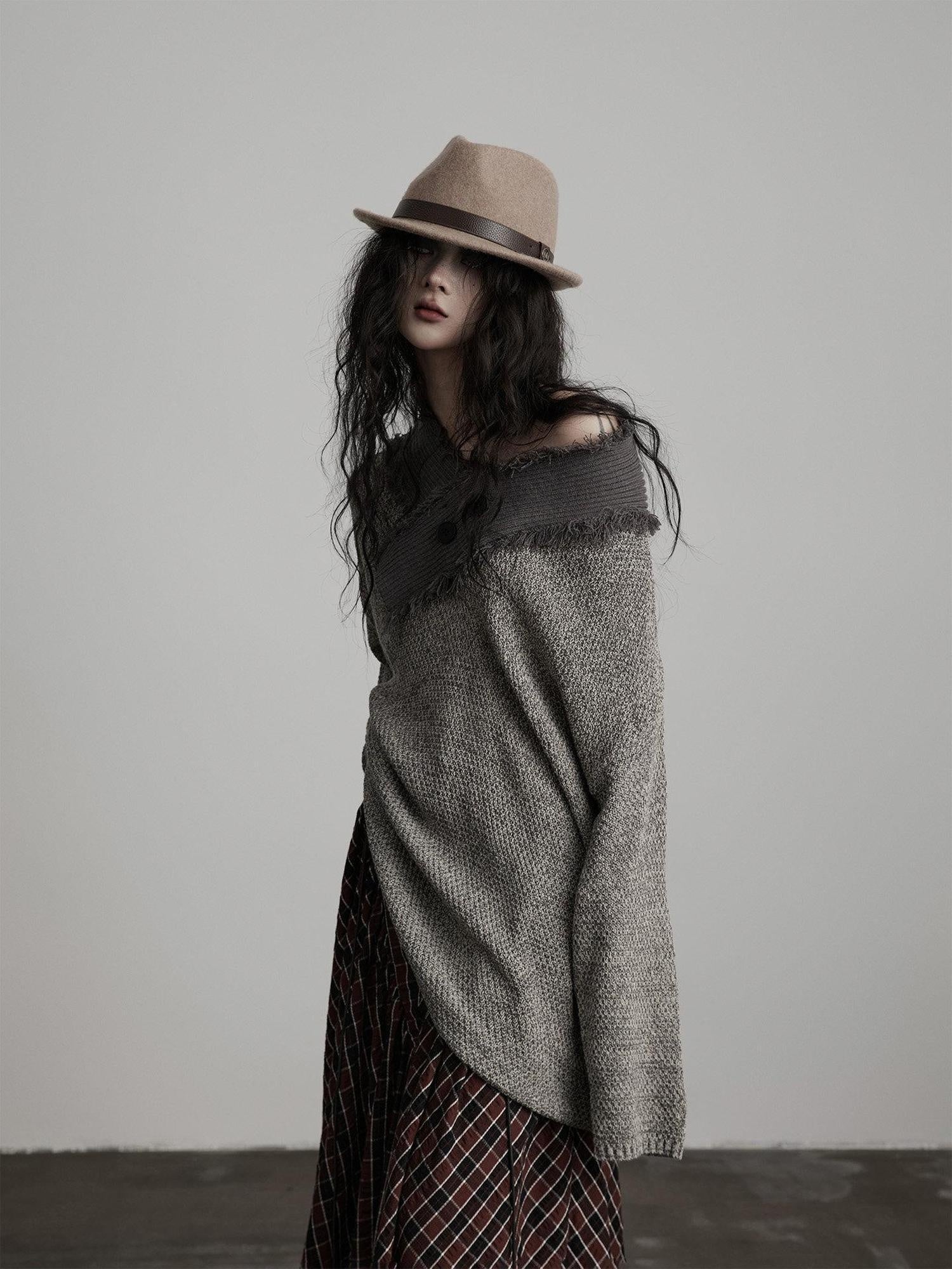 INDULGE Light Gray Oversized Knit Polo Collar Pullover Women Off-Shoulder Sweaters