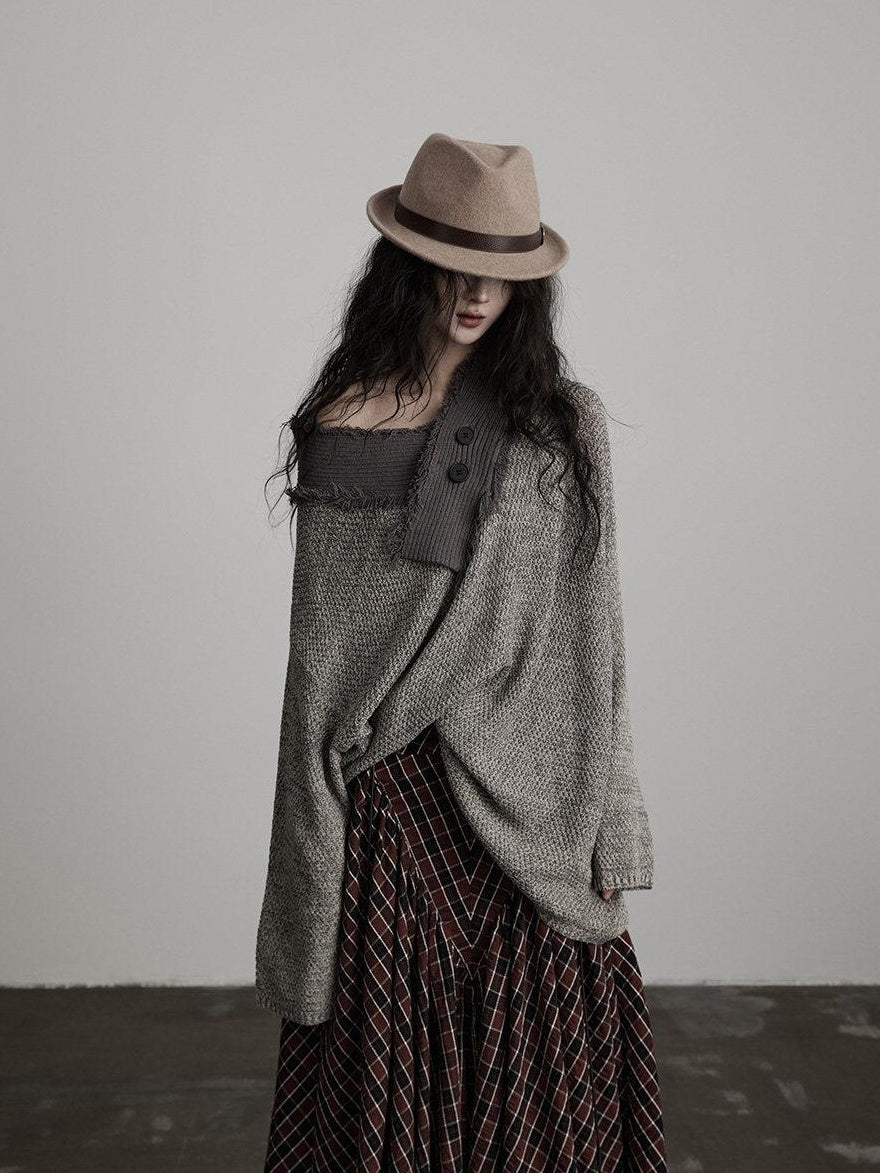 INDULGE Light Gray Oversized Knit Polo Collar Pullover Women Off-Shoulder Sweaters