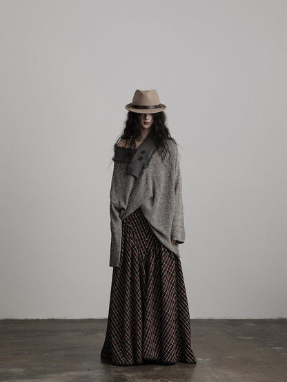 INDULGE Light Gray Oversized Knit Polo Collar Pullover Women Off-Shoulder Sweaters