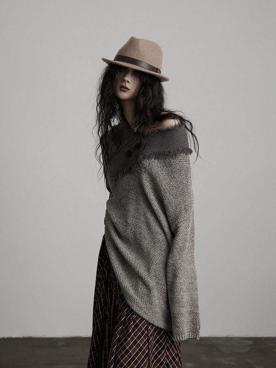 INDULGE Light Gray Oversized Knit Polo Collar Pullover Women Off-Shoulder Sweaters