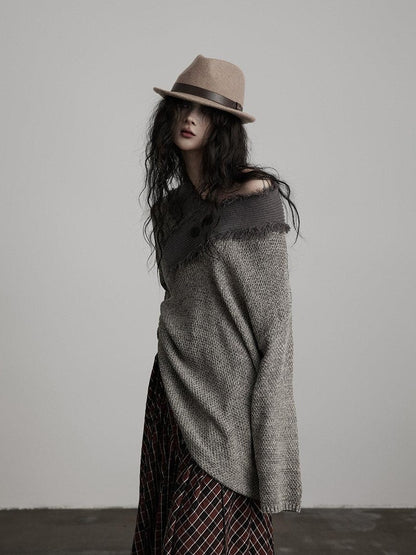 INDULGE Light Gray Oversized Knit Polo Collar Pullover Women Off-Shoulder Sweaters