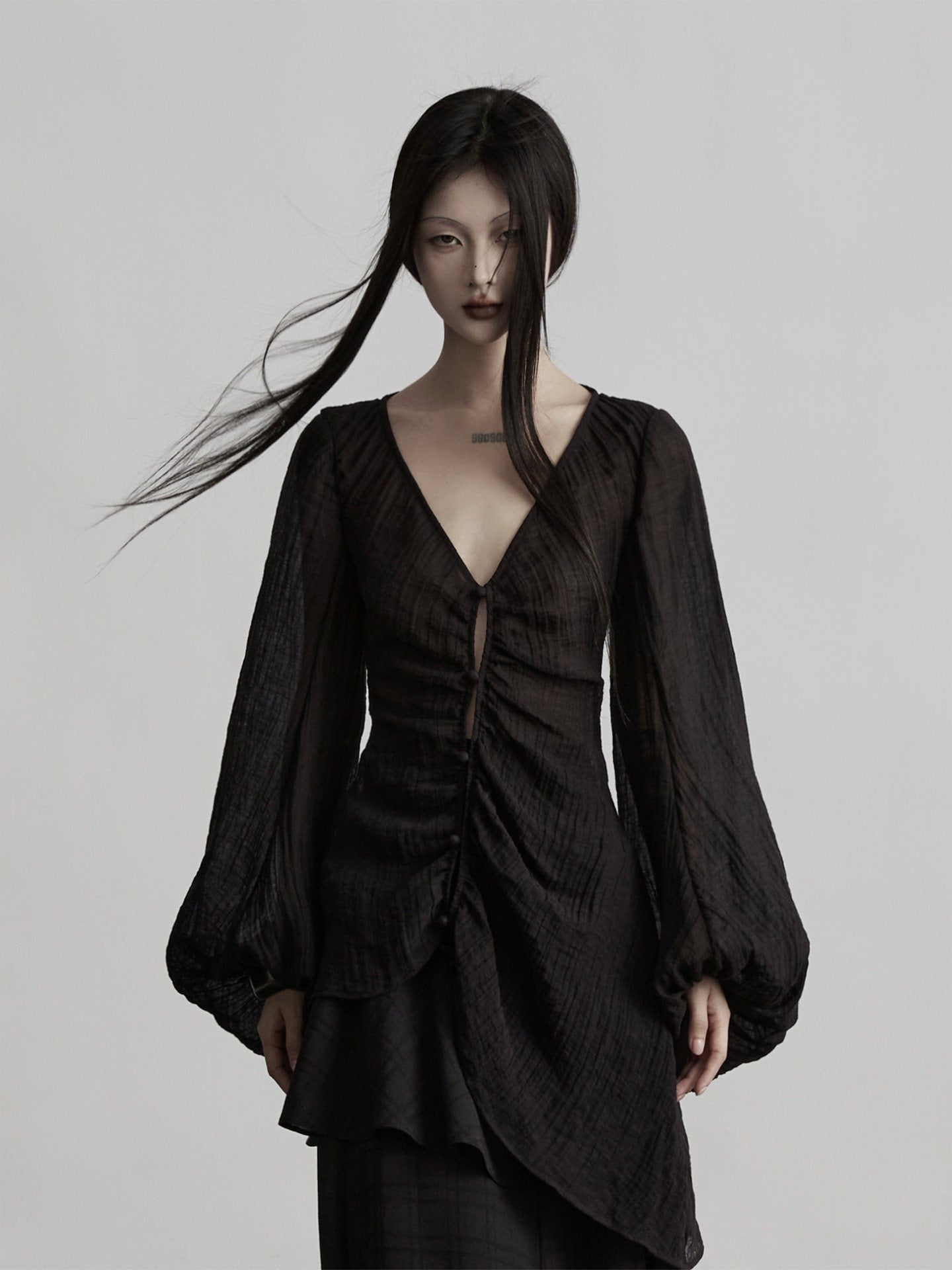 INDULGE Lightweight Linen Slim V-neck Lantern Sleeve Casual Women Black Chiffon Blouses