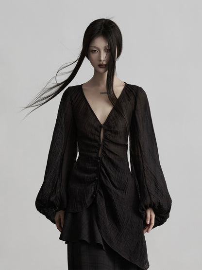 INDULGE Lightweight Linen Slim V-neck Lantern Sleeve Casual Women Black Chiffon Blouses