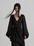 INDULGE Lightweight Linen Slim V-neck Lantern Sleeve Casual Women Black Chiffon Blouses