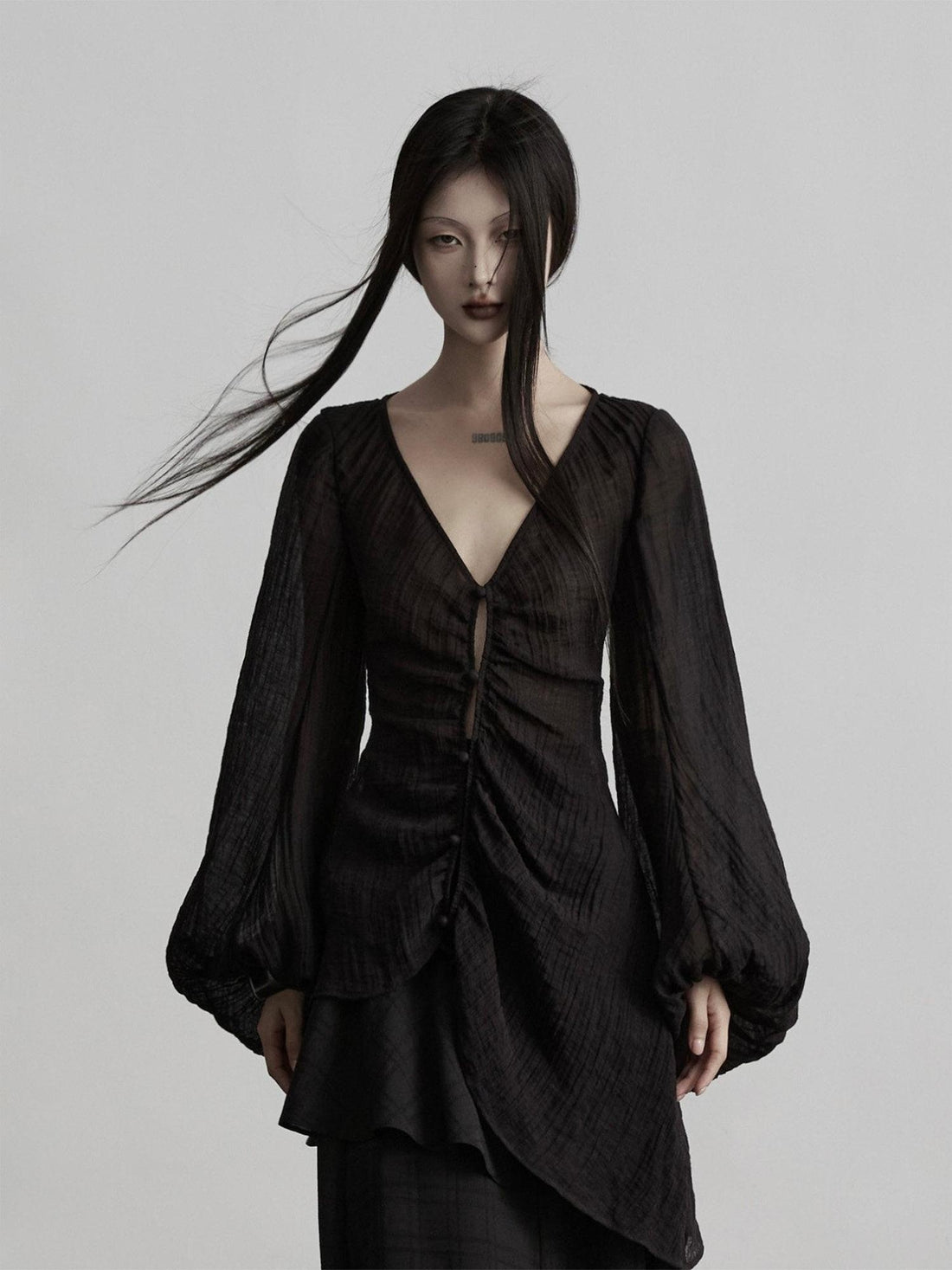 INDULGE Lightweight Linen Slim V-neck Lantern Sleeve Casual Women Black Chiffon Blouses