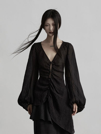 INDULGE Lightweight Linen Slim V-neck Lantern Sleeve Casual Women Black Chiffon Blouses