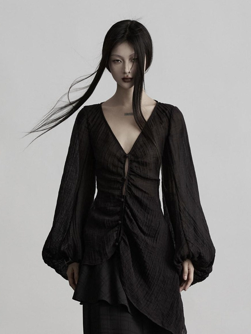 INDULGE Lightweight Linen Slim V-neck Lantern Sleeve Casual Women Black Chiffon Blouses