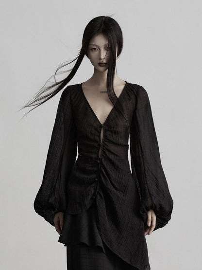 INDULGE Lightweight Linen Slim V-neck Lantern Sleeve Casual Women Black Chiffon Blouses