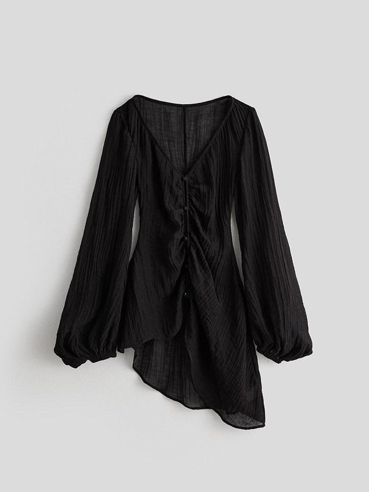 INDULGE Lightweight Linen Slim V-neck Lantern Sleeve Casual Women Black Chiffon Blouses