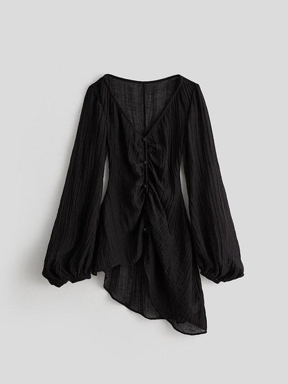 INDULGE Lightweight Linen Slim V-neck Lantern Sleeve Casual Women Black Chiffon Blouses