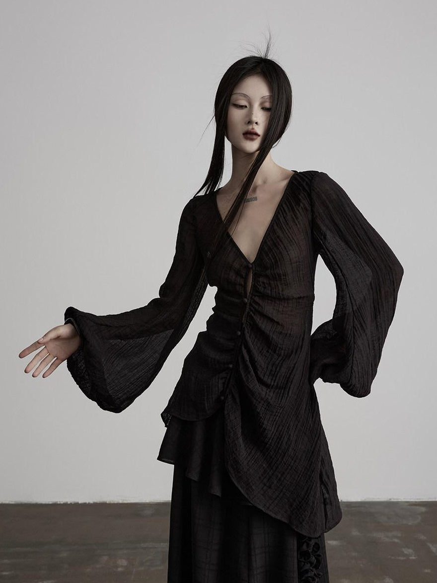 INDULGE Lightweight Linen Slim V-neck Lantern Sleeve Casual Women Black Chiffon Blouses