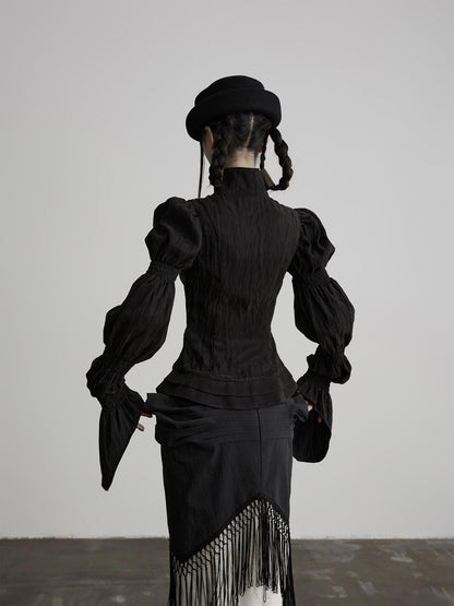 INDULGE Lotus Sleeve High Neck Buttoned Fitted Women&
