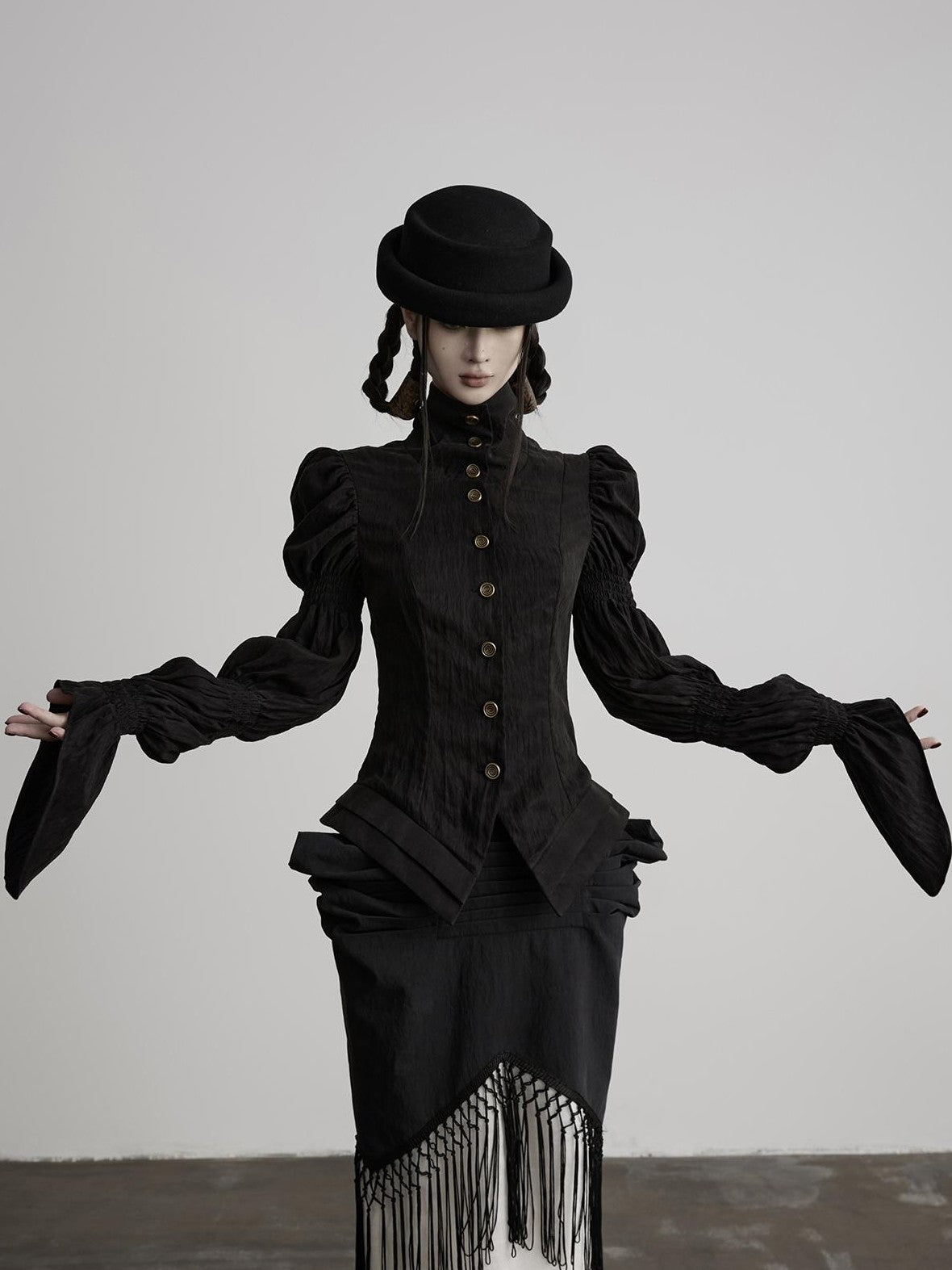 INDULGE Lotus Sleeve High Neck Buttoned Fitted Women&