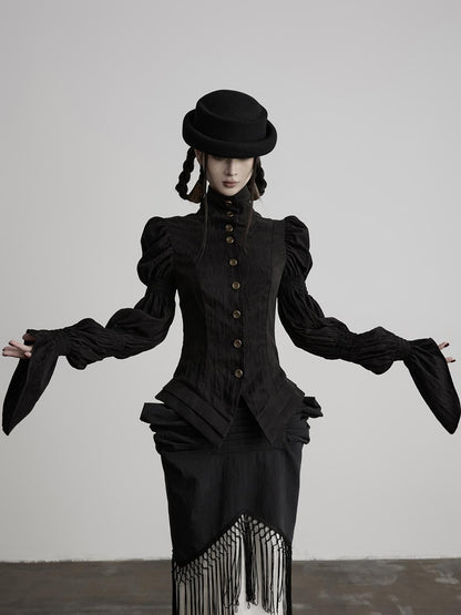 INDULGE Lotus Sleeve High Neck Buttoned Fitted Women&
