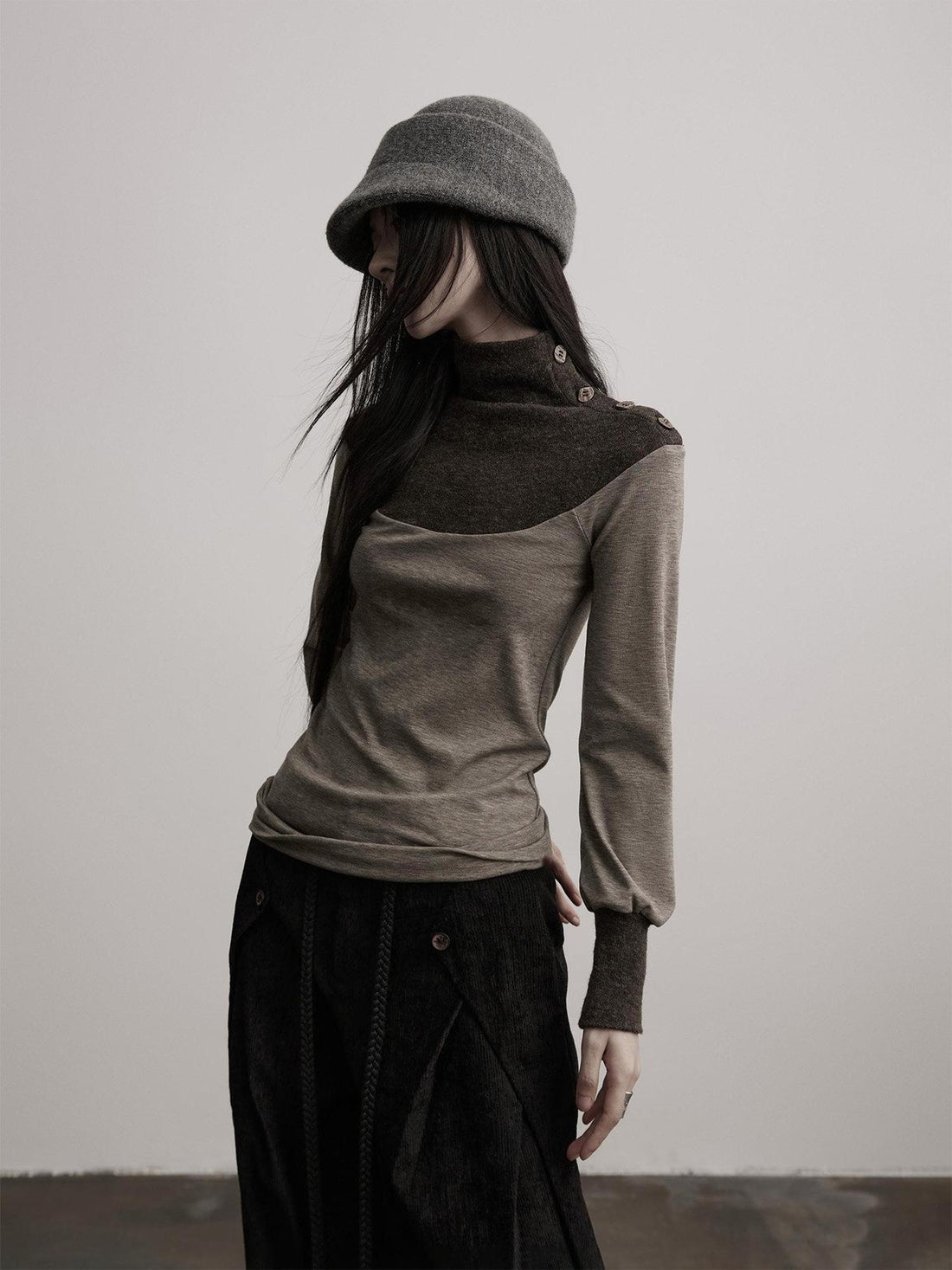 INDULGE Lyocell Blend Slim Fit Dark Goth Half Collar Women Gray Long Sleeve T-Shirts