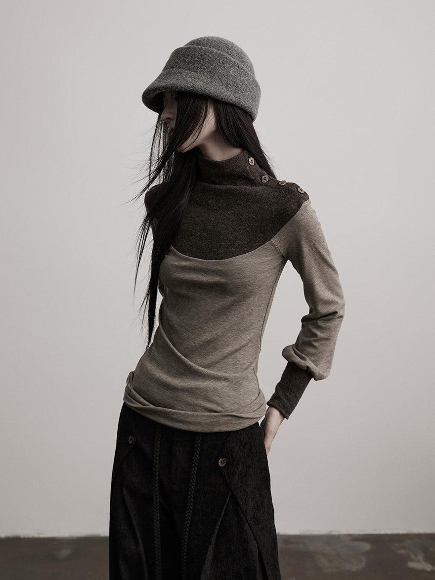 INDULGE Lyocell Blend Slim Fit Dark Goth Half Collar Women Gray Long Sleeve T-Shirts