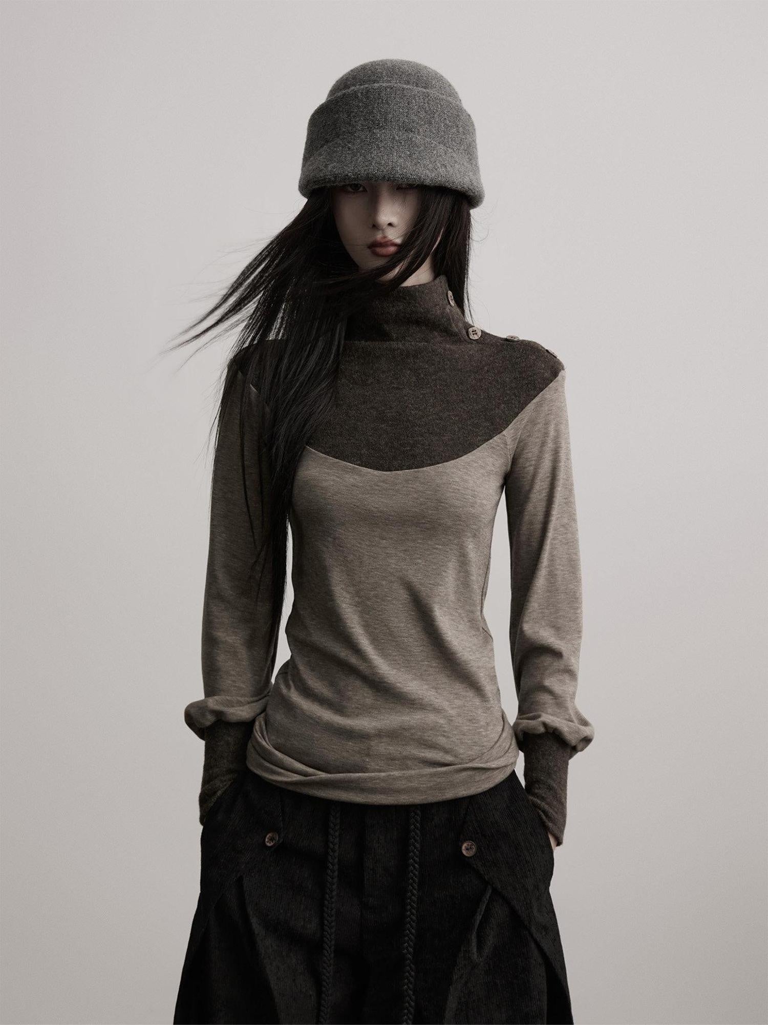 INDULGE Lyocell Blend Slim Fit Dark Goth Half Collar Women Gray Long Sleeve T-Shirts