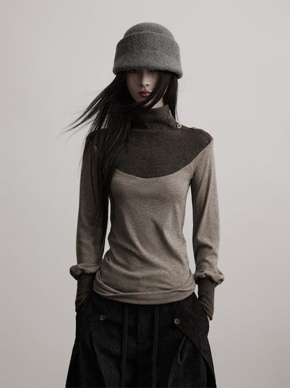 INDULGE Lyocell Blend Slim Fit Dark Goth Half Collar Women Gray Long Sleeve T-Shirts