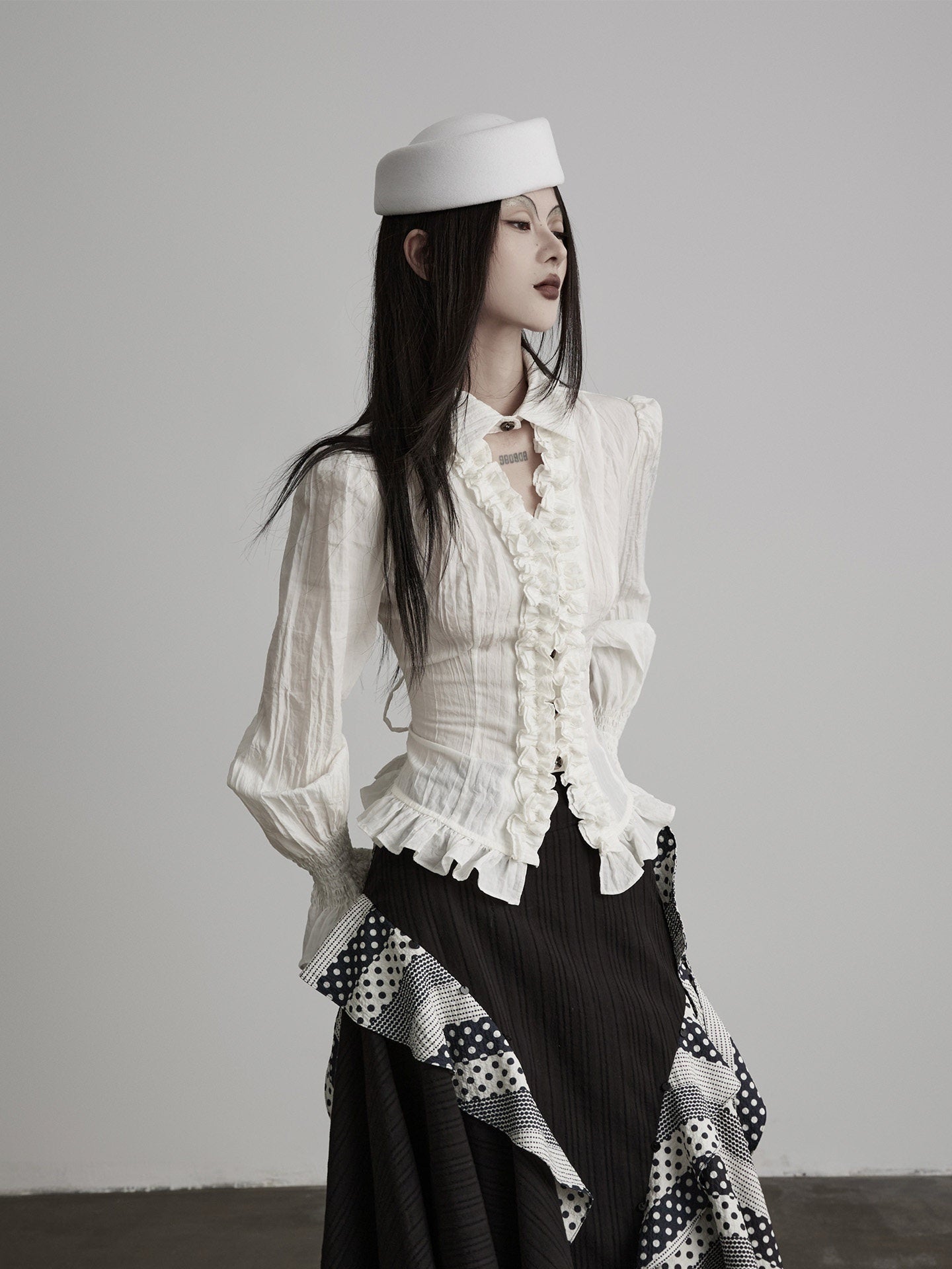 INDULGE Lyocell Lace Waist Cinched V-neck Ivory Bell Sleeve Cardigan Puff-Sleeve Blouses