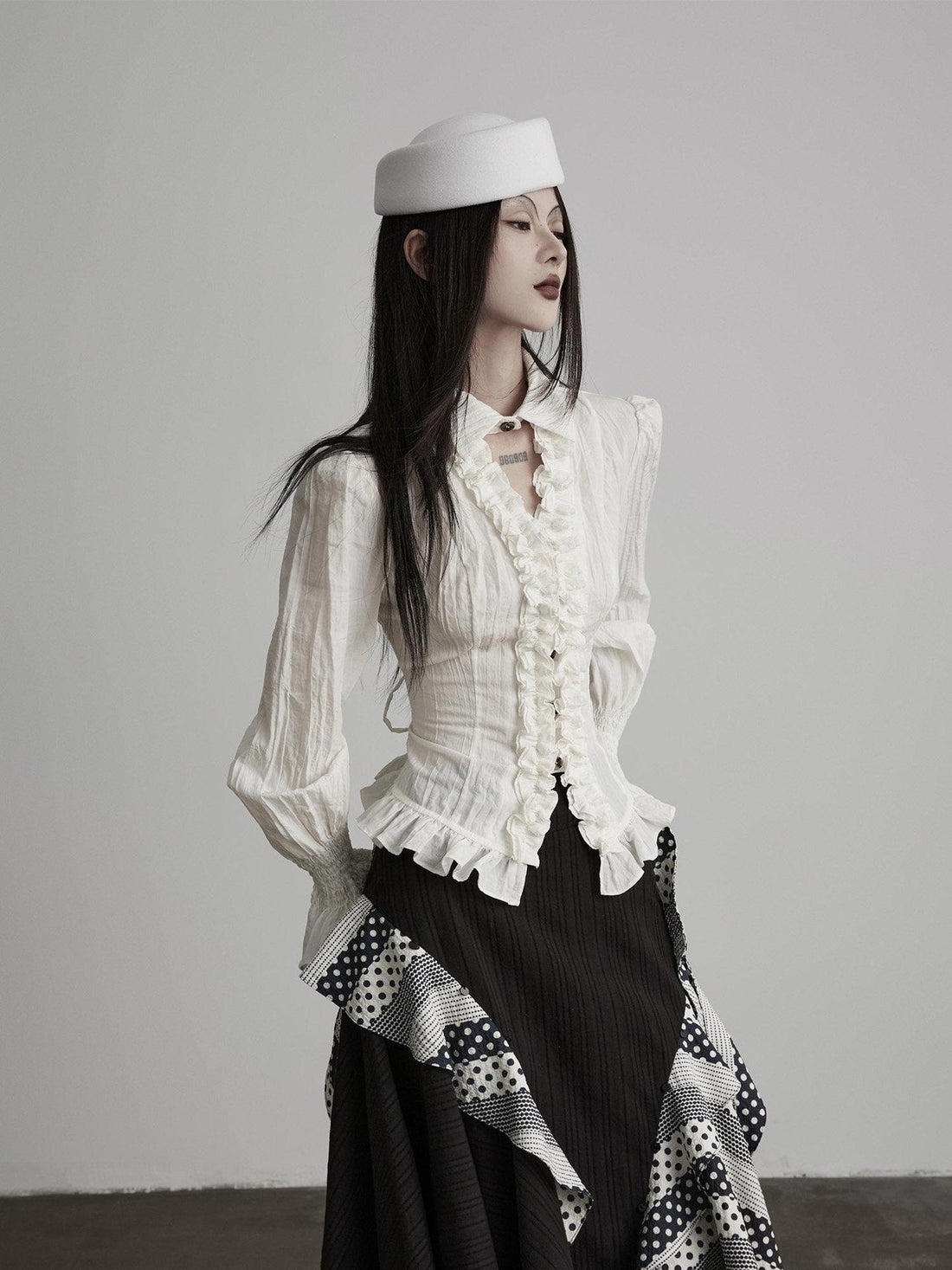 INDULGE Lyocell Lace Waist Cinched V-neck Ivory Bell Sleeve Cardigan Puff-Sleeve Blouses
