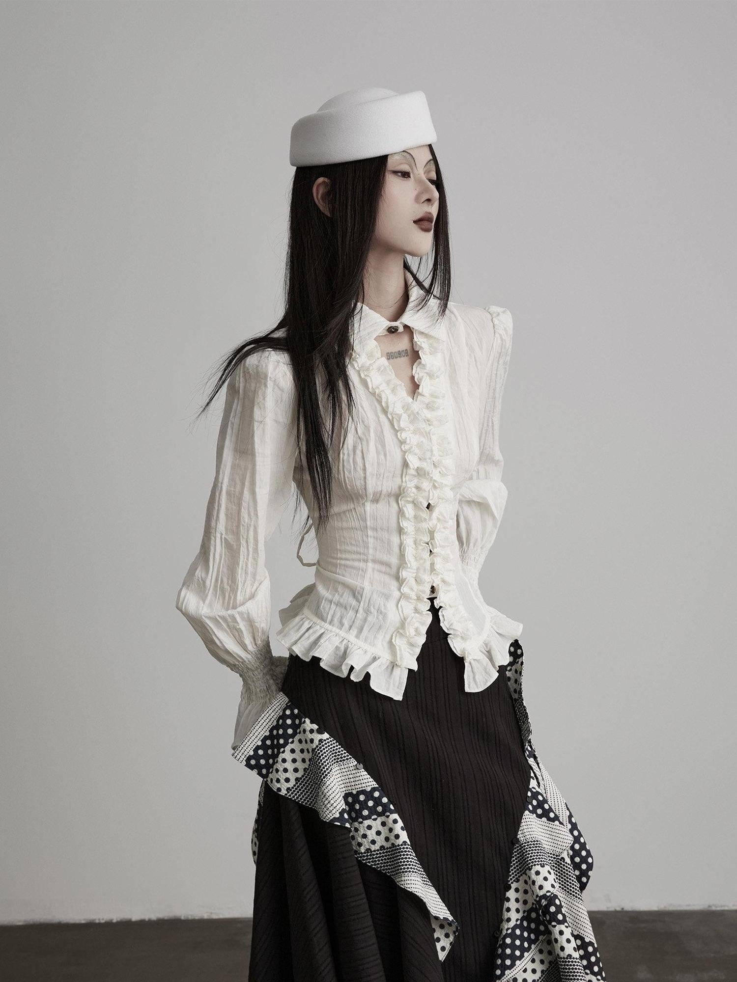 INDULGE Lyocell Lace Waist Cinched V-neck Ivory Bell Sleeve Cardigan Puff-Sleeve Blouses