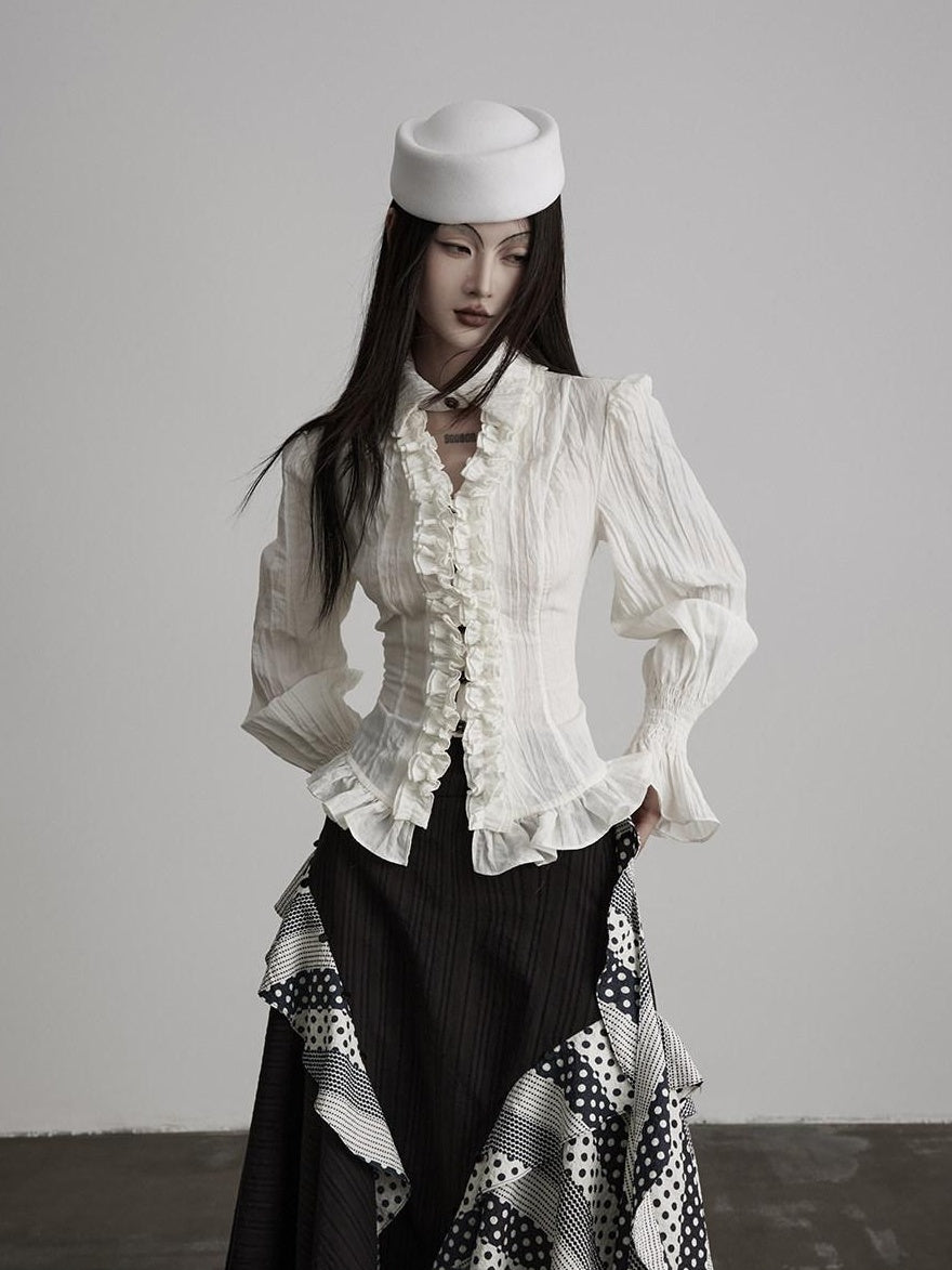 INDULGE Lyocell Lace Waist Cinched V-neck Ivory Bell Sleeve Cardigan Puff-Sleeve Blouses