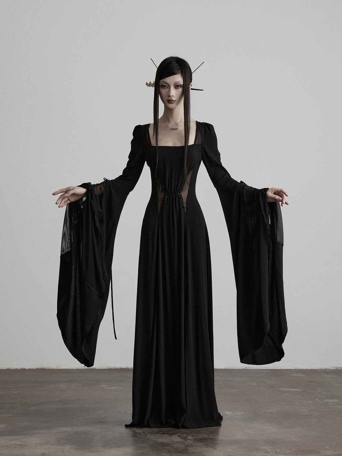 INDULGE Lyocell Shape Retaining Bell Sleeve Cinched Waist Womens Mesh Maxi Dresses