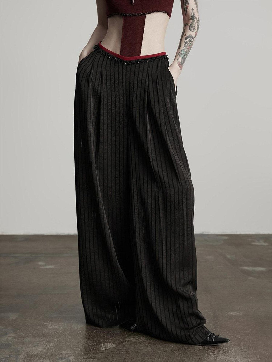 INDULGE Minimalist Non Iron Tailored Elastic Waist Black Polyester Wide-Leg Pants