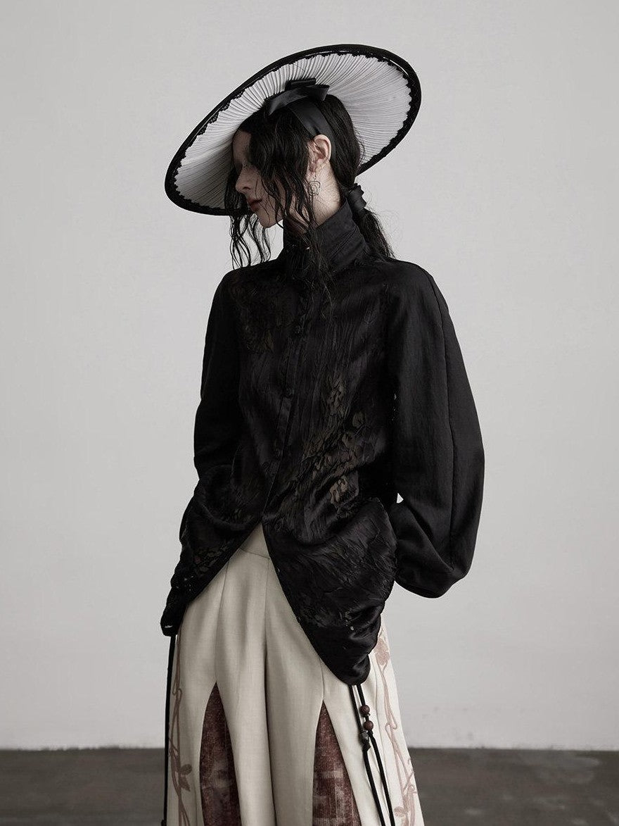 INDULGE Monet Burnout Patchwork Embroidered Drawstring Puff Sleeve Women&