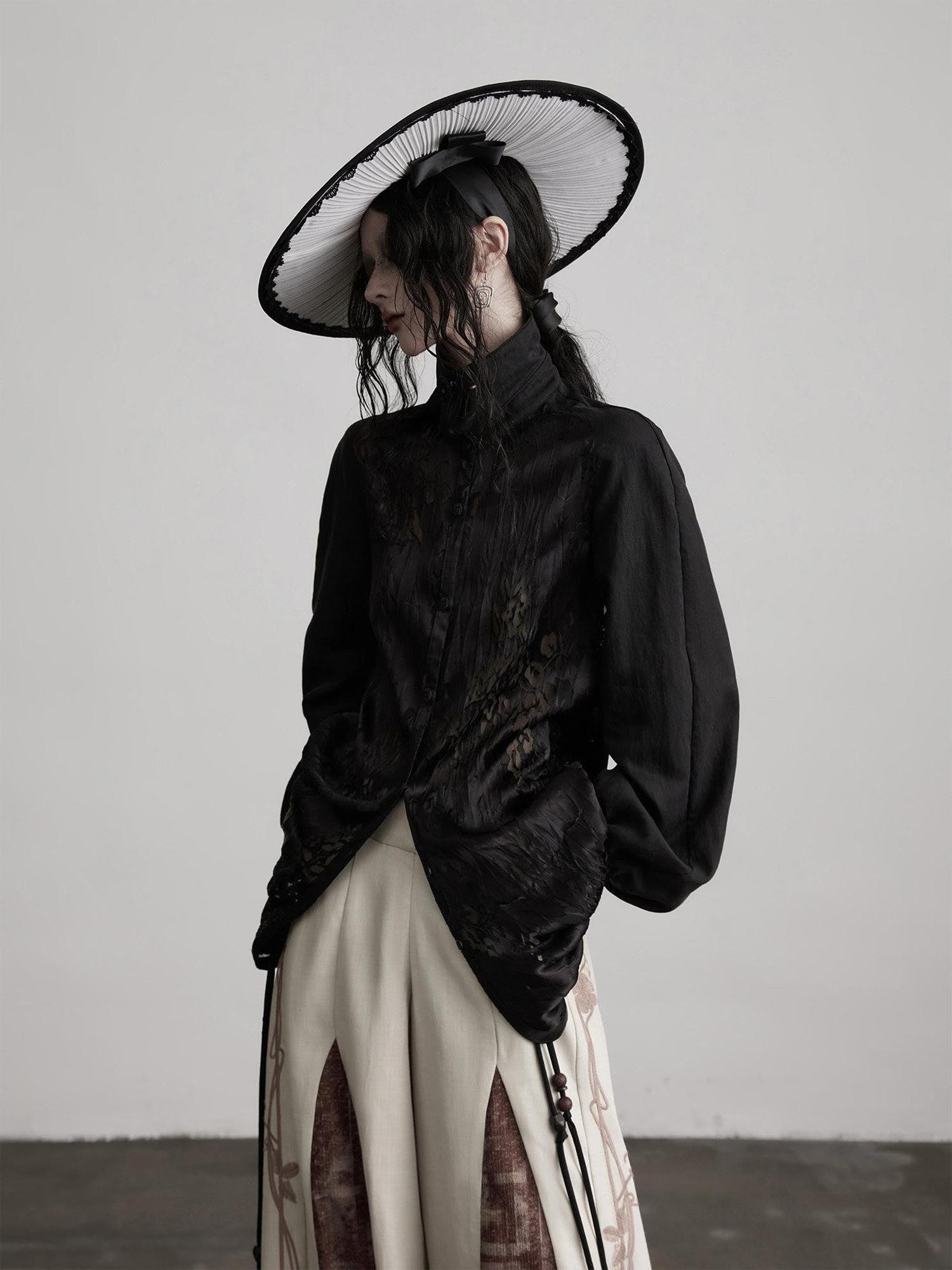 INDULGE Monet Burnout Patchwork Embroidered Drawstring Puff Sleeve Women&