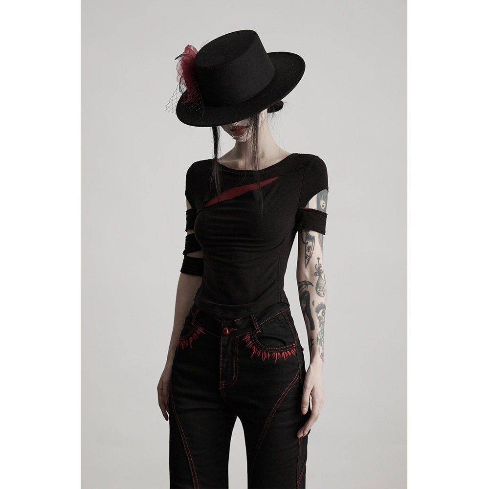 INDULGE Non Iron Asymmetrical Slim Creative Patchwork Black Short Sleeve T-Shirts